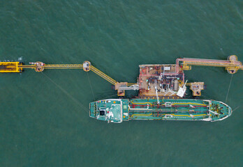 Cargo tanker ship marine vessel docking and oversea berth mooring platform for petroleum and crude oil industry from top view