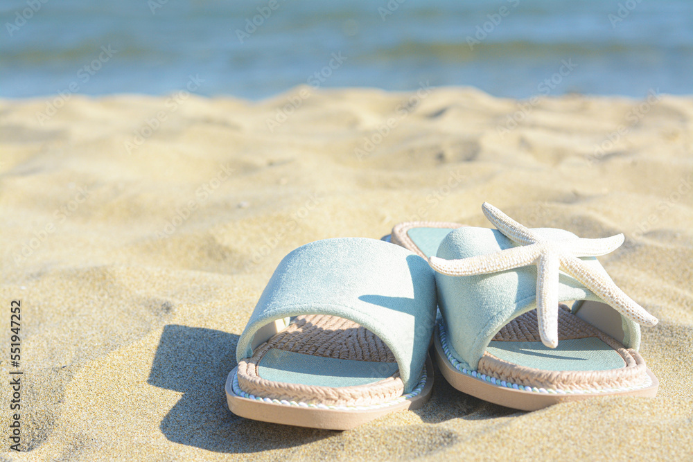 Poster Stylish slippers and dry starfish on sandy beach near sea, closeup. Space for text