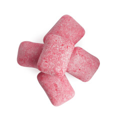 Heap of tasty sweet chewing gums on white background, top view