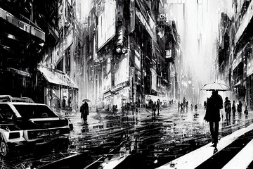 Abstract Dystopian City Painting Black and White Ai Generated Graphic Novel Aesthetic Background
