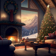 A beautiful winter scene with a tree, a fireplace, sofas and end chair. There are candles. The ceiling is vaulted and there are large picture windows. Outside  it's snowing and there are mountains.