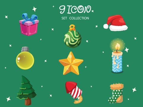 Set of Christmas icons. Symbol of happy new year. Can be used for printed materials - leaflets, posters, business cards or for web. Vector illustration