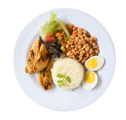 Brazilian food dish with beans, rice and chicken