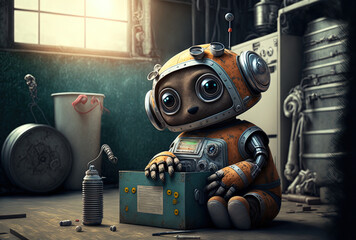Automation industrial idea with an adorable robot in a factory. Generative AI