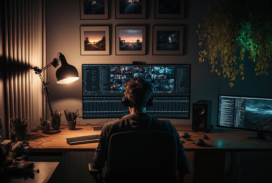 Back view of a content producer at night in his or her home office. video editor working from home. Generative AI