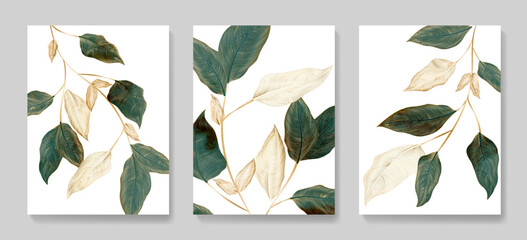 Bilder mit Rahmen Luxury art background with leaves on the branches of a tropical tree in white and green tones in gold line. Botanical hand drawn print set for decor, print, textile, wallpaper, interior design