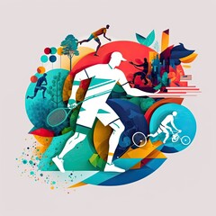 Athletics collage of people doing athletic playing different sports and recreation, sportsman players men and woman doing exercise, conceptual illustration
