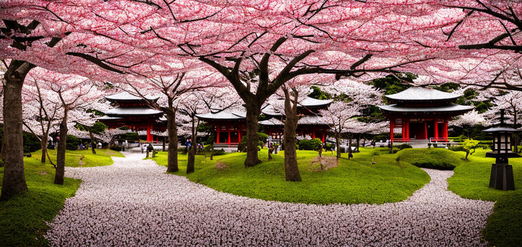Japanese garden with cherry blossoms