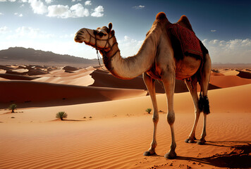 Camel in the Moroccan Sahara Desert. Generative AI
