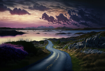 At dusk near clifden, Ireland, a view of the sky road and the surrounding sea. Generative AI