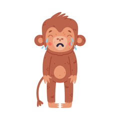 Cute crying baby monkey. Upset African tropical animal cartoon character vector illustration
