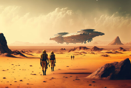 military personnel strolling across the desert. A massive alien mothership is visible in the distance, hovering in space. digital paintings and illustrations. Generative AI