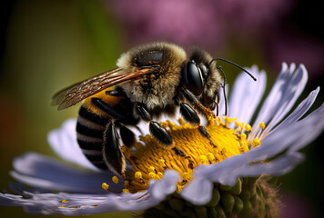 Bee is seated on a flower. Generative AI