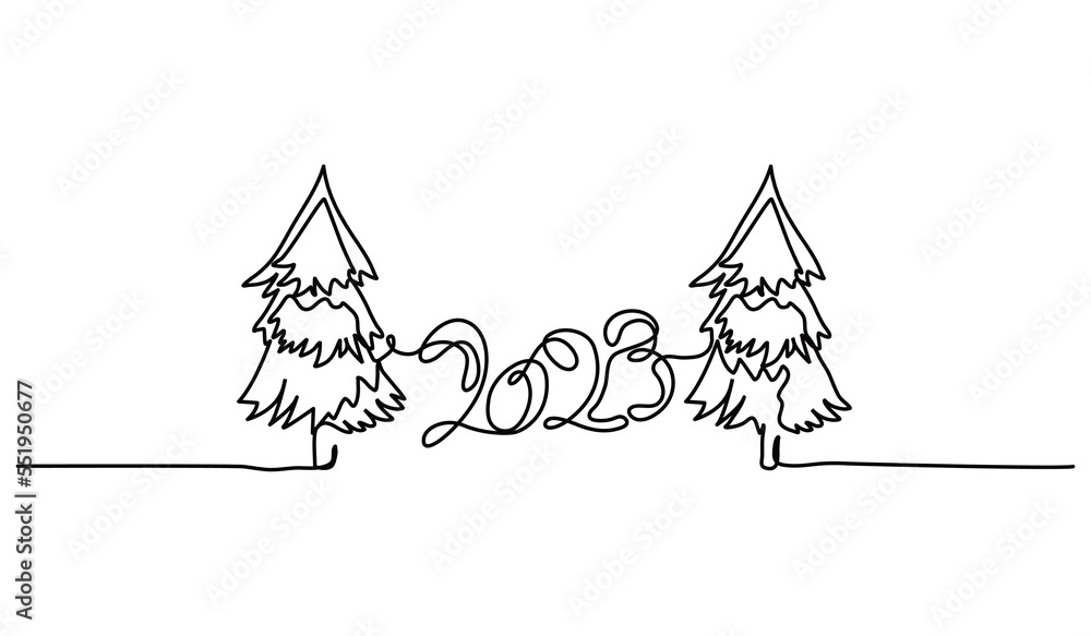 Poster 2023 continuous line design and pine tree combination. new year celebration concept design. decorati