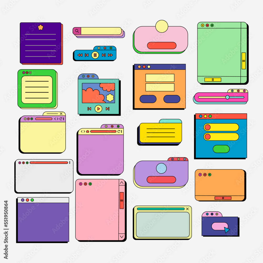 Wall mural 90s retro vaporwave aesthetics digital screen user interface. cute old computer ui elements, nostalg