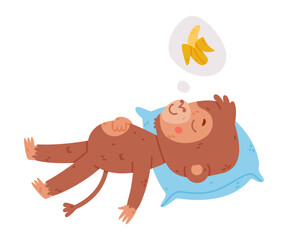 Funny cute baby monkey sleeping on pillow. African tropical animal cartoon character dreaming of banana vector illustration