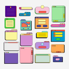 90s retro vaporwave aesthetics digital screen user interface. Cute old computer UI elements, nostalgic pc icons, and dialog boxes vector set. Illustration of computer screen 90s