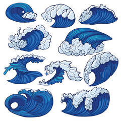 Graphic Hand Drawn Color Sea Wave Set