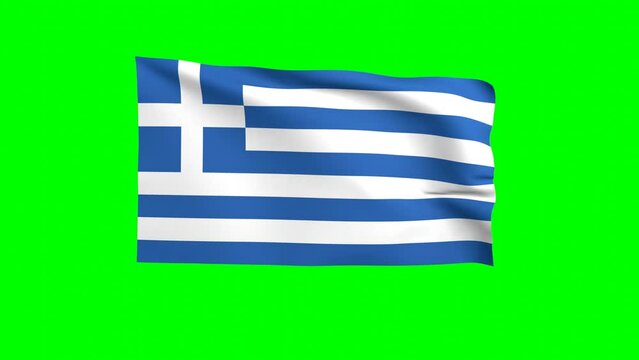 Greece waving flag 3D animation on a green background. Greek's national flag waves in the strong wind. The national fabric flag of Greece is isolated on a green screen.