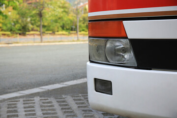 Fototapeta premium Modern bus on autumn day outdoors, closeup and space for text. Public transport