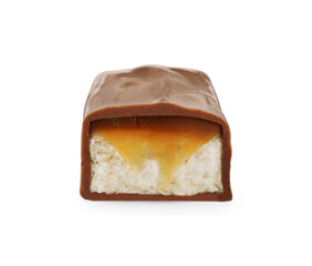 One tasty chocolate bar with caramel isolated on white