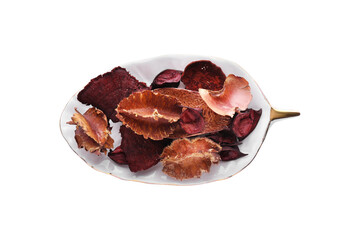 Many different scented potpourri in holder isolated on white, top view