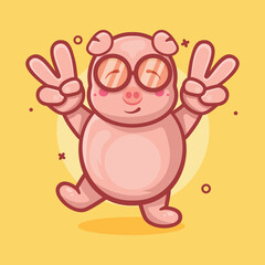 cute pig animal character mascot with peace sign hand gesture isolated cartoon in flat style design