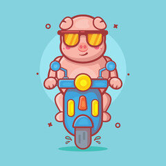 Naklejka premium cute pig animal character mascot riding scooter motorcycle isolated cartoon in flat style design
