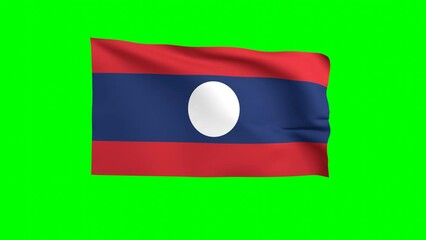 Laos waving flag 3D animation on a green background. Laos's national flag waves in the strong wind. The national fabric flag of Laos is isolated on a green screen.