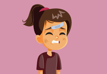 Little Girl Suffering an Injury Wearing a Medical Plaster. Hurt child having an accident feeling upset and in pain
