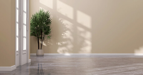 3D render new empty, luxury room with blank beige wall, baseboard, gray marble floor, white frame door, tropical palm tree in modern pot in sunlight through glass panel for interior design background