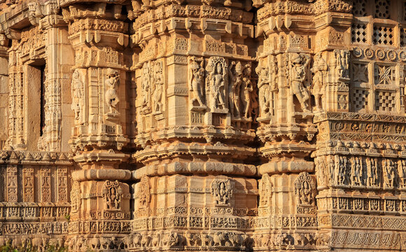 Intricate and detailed sculpture on historic Shani Deity Temple in side Chittorgarh fort.