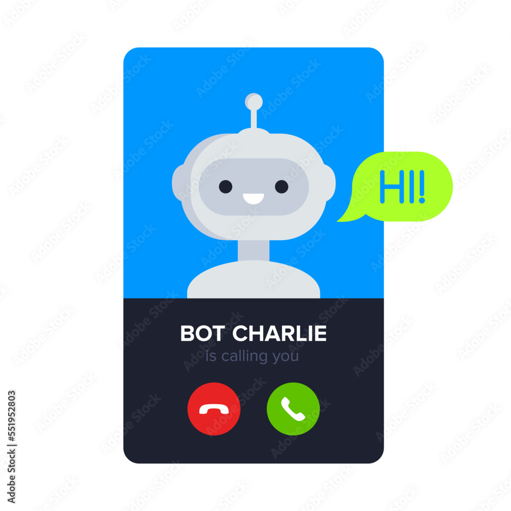 Poster robot calling to customer. cute smiling bot say hi and waits answer to call. online customer service