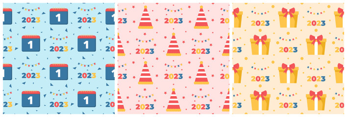 Fototapeta na wymiar Set of Happy New Year 2023 Seamless Pattern Design with Decoration in Template Hand Drawn Cartoon Flat Illustration