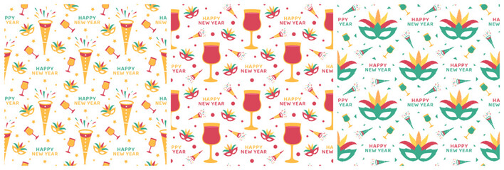 Set of Happy New Year 2023 Seamless Pattern Design with Decoration in Template Hand Drawn Cartoon Flat Illustration