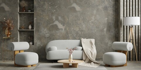 Industrial style interior with gray sofa and gray armchair on dark cement wall.