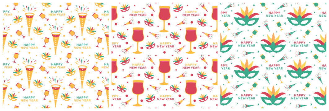 Set of Happy New Year 2023 Seamless Pattern Design with Decoration in Template Hand Drawn Cartoon Flat Illustration