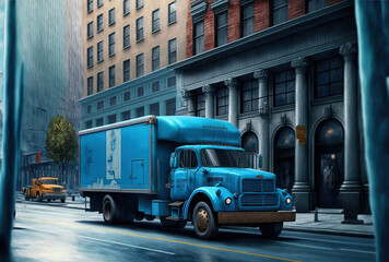 a blue truck is moving along the street. Generative AI