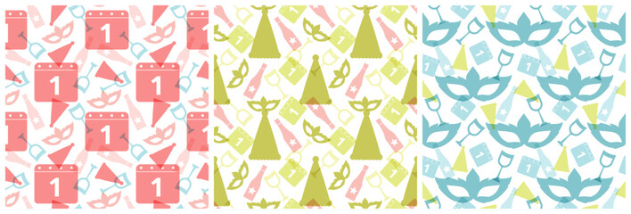 Set of Happy New Year 2023 Seamless Pattern Design with Decoration in Template Hand Drawn Cartoon Flat Illustration