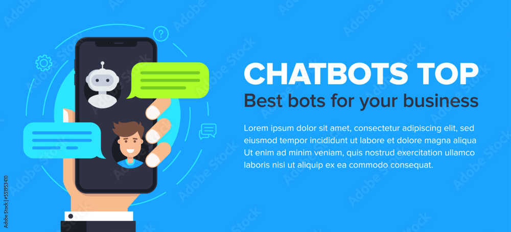 Poster chatbot vector flat banner design. horizontal business banner template with illustration of man chat