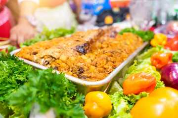 Tray with traditional Christmas food from Nicaragua known as relleno