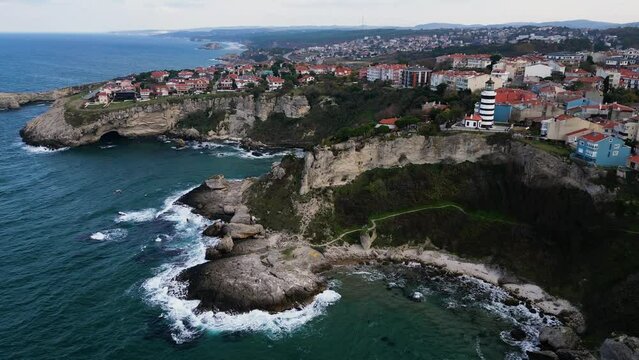 Drone view of the city of Sile,Turkey , located on a cliff near the Black Sea