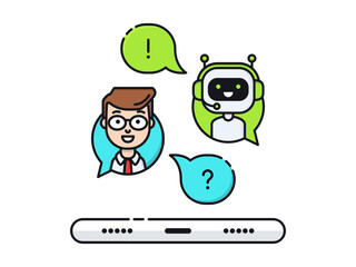 Chatbot concept. Man chatting with chat bot on smartphone. Mobile communication with ai. User ask robot the question and get an answer. Vector flat line illustration