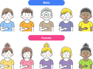 腹痛で、お腹を押さえる人物のイラストセット