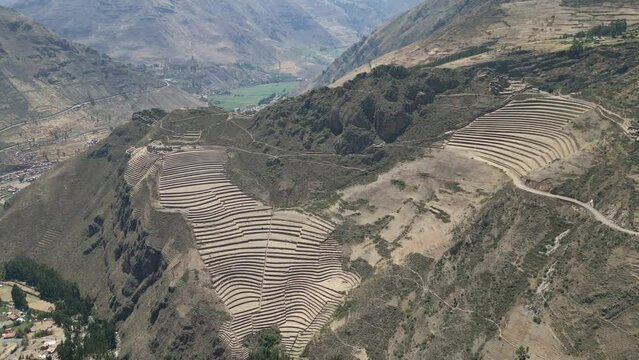 Aerial view of Pisa Ruin drone fly above archeological site in Peru ancient Inca empire civilisation of Latin America