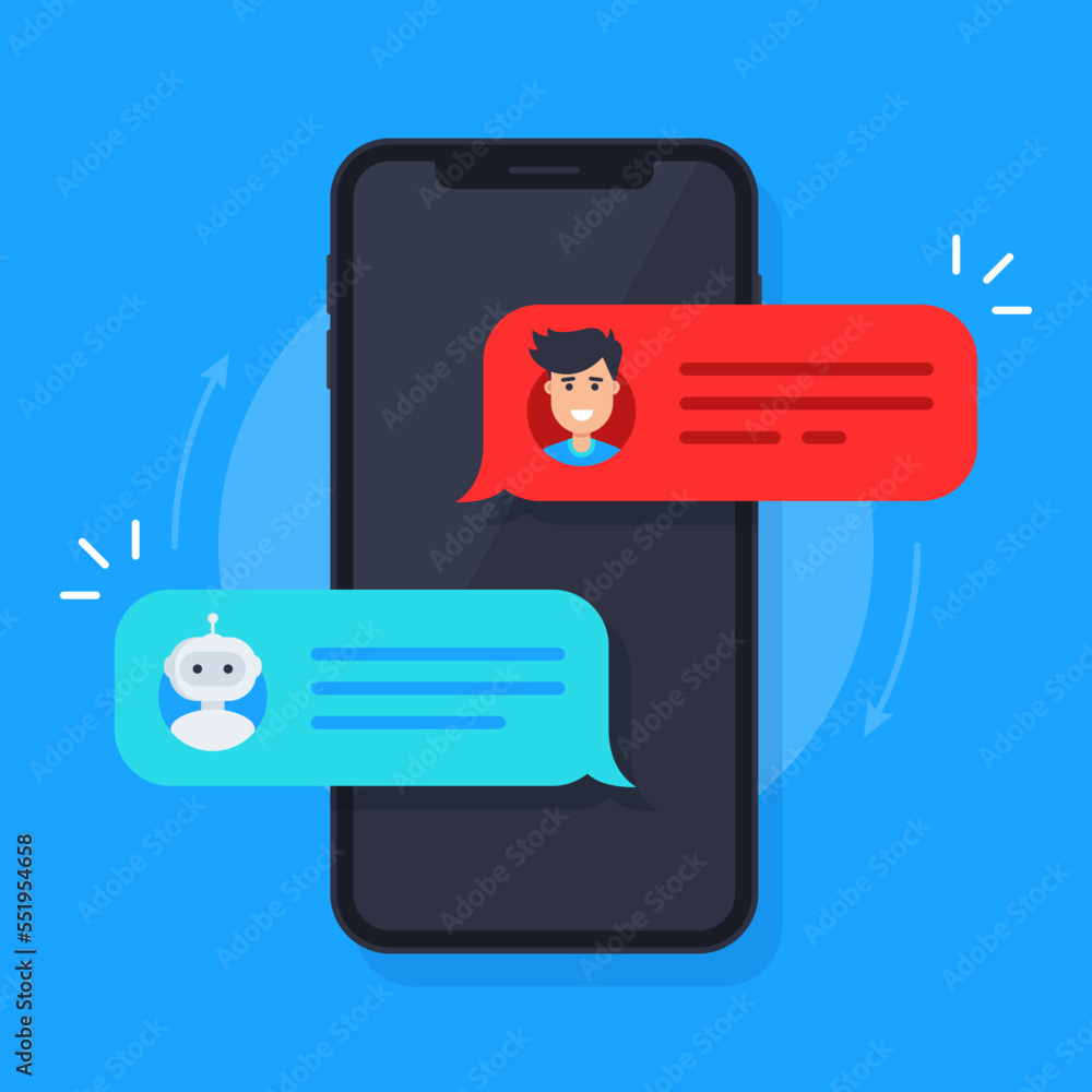 Poster chatbot concept. man chatting with chat bot on smartphone. sms bubbles on mobile phone screen. chat 