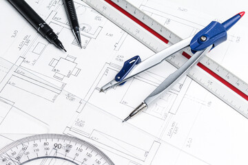 Architecture tools on the drawing board.