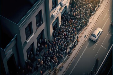 people crowd gathering in the street ,bird view, generative ai