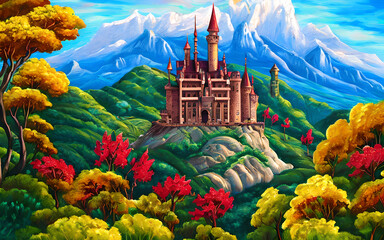 A fantasy castle atop a hill in the middle of a colorful forest against snowy mountain peaks. Generative AI creation.