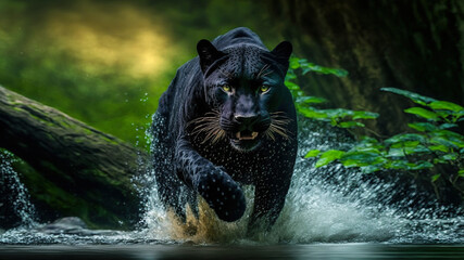Majestic Panther runs on water in jungle. Dangerous animal. 